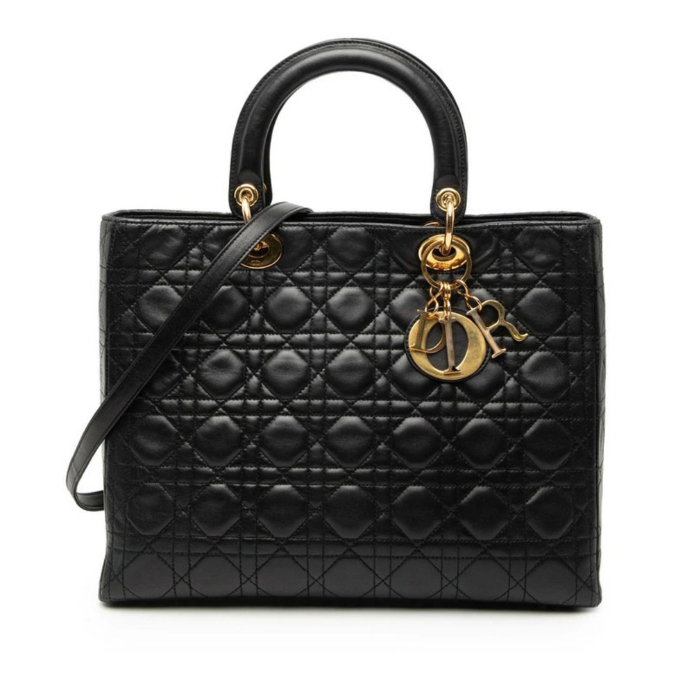 Christian Dior Cannage Lady Handbag Shoulder Bag Black Leather